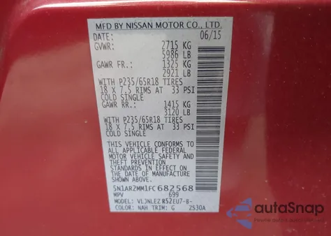 2015 Nissan Pathfinder Platinum/S/Sl/Sv z USA, uszkodzony, nr VIN 5N1AR2MM1FC682568